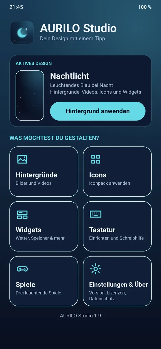Hauptmenü der App (Vorschau)